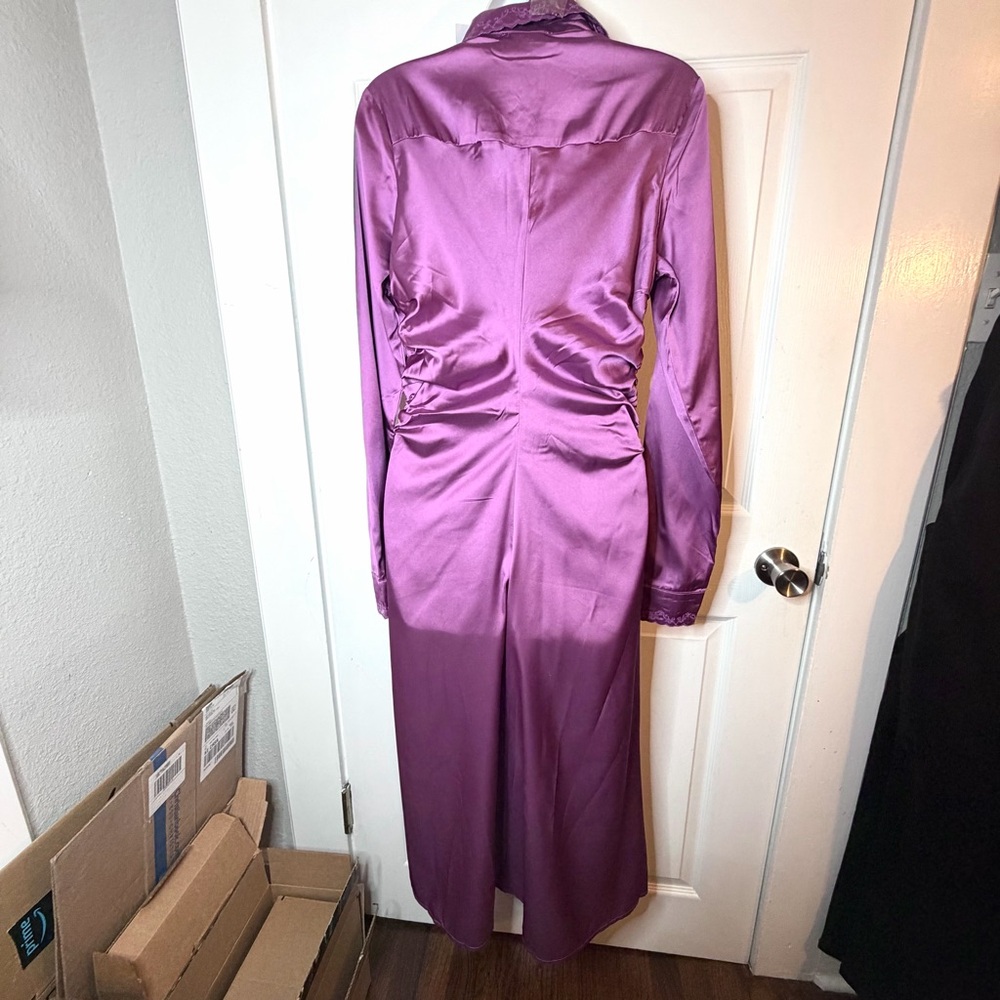 Jacque the Label Sylvie Satin Button Midi Shirt Dress Ruched Purple Plum M NWT - Picture 8 of 9